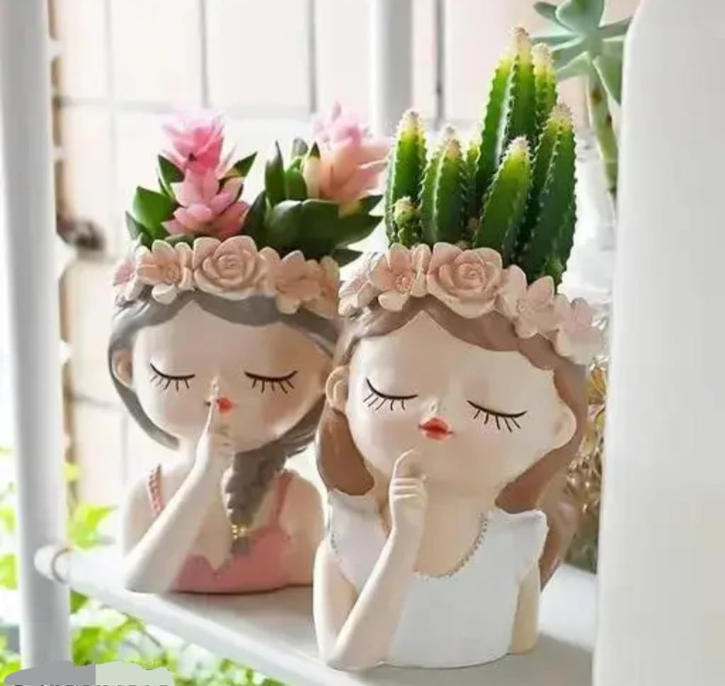 Decorative Succulent Planter Pots, White Ceramic Face Design with Floral Crown, Indoor Garden Containers for Small Plants, Set of 3