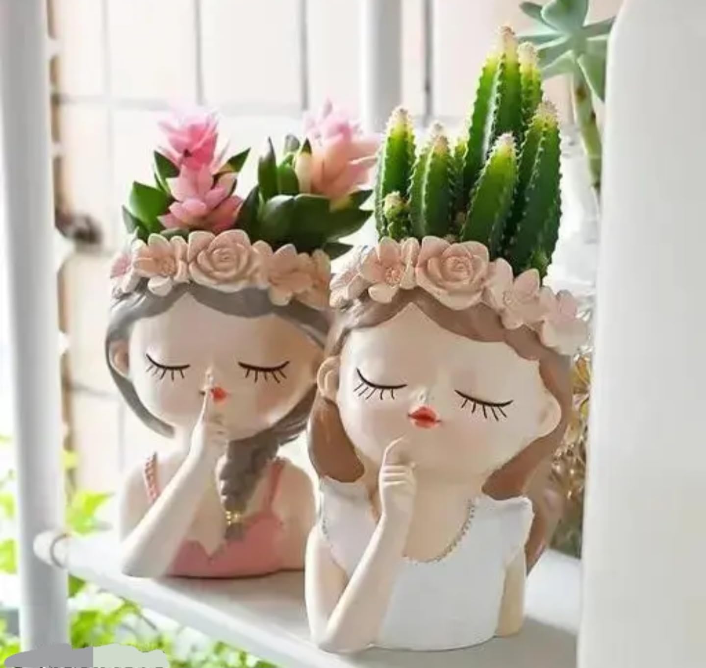 Decorative Succulent Planter Pots, White Ceramic Face Design with Floral Crown, Indoor Garden Containers for Small Plants, Set of 3