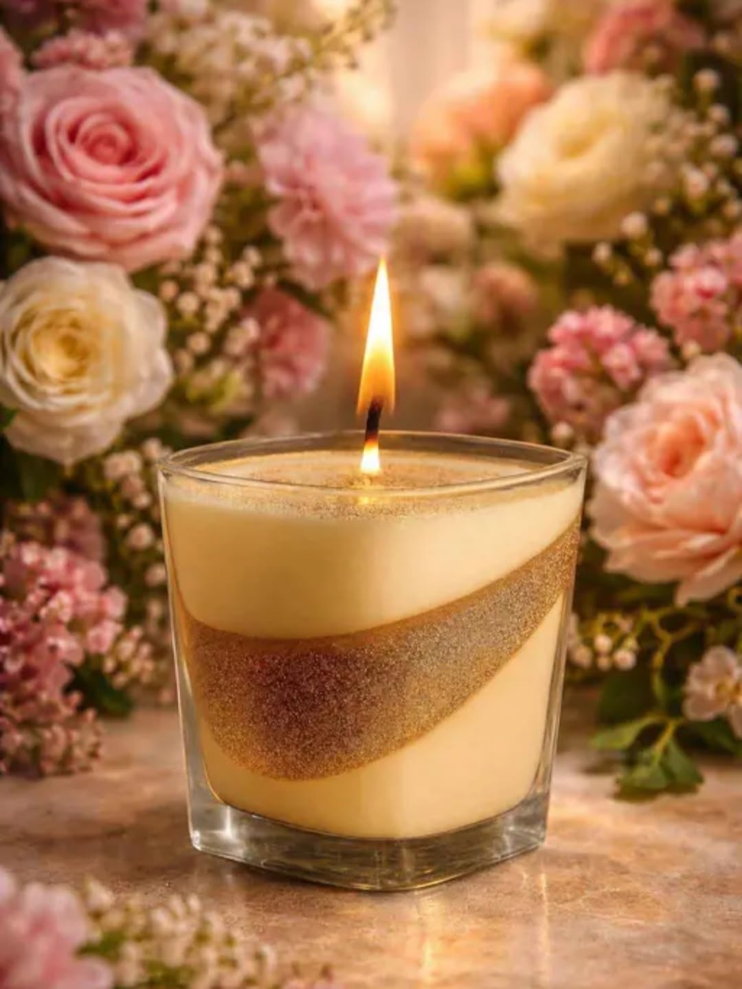 Luxury Scented Candle in Glass, Cream and Gold Swirl Design, Elegant Home Decor