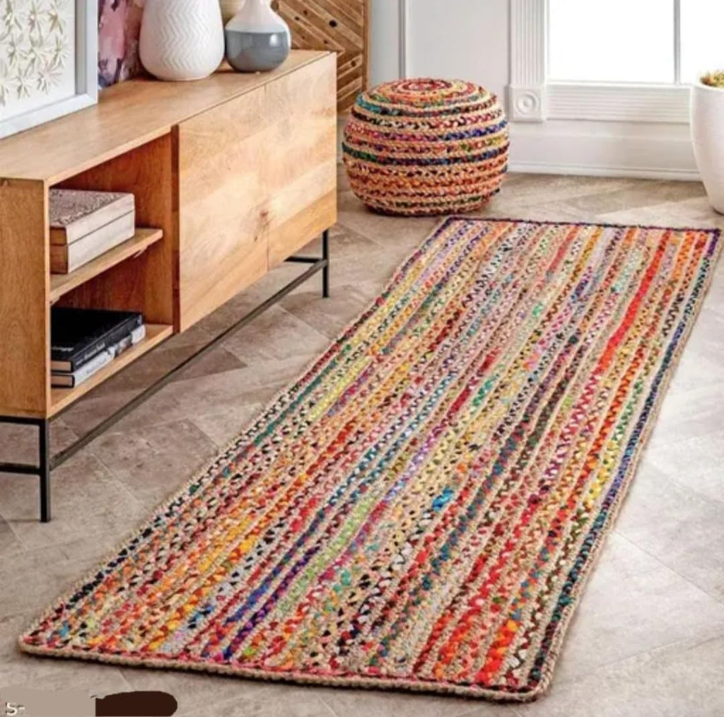 Braided Jute and Cotton Runner Rug, Multicolor, Bohemian Style, Handmade Chindi Area Rug