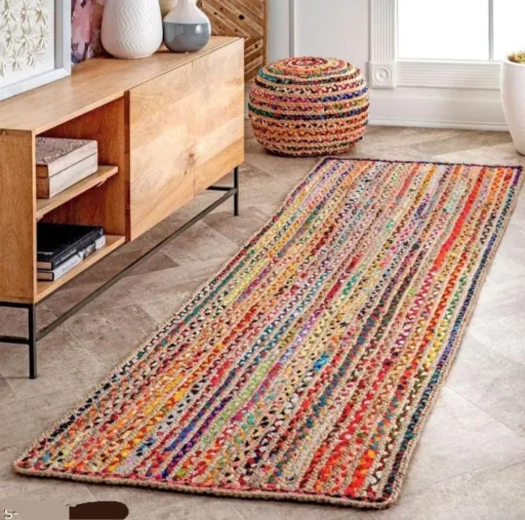 Braided Jute and Cotton Runner Rug, Multicolor, Bohemian Style, Handmade Chindi Area Rug
