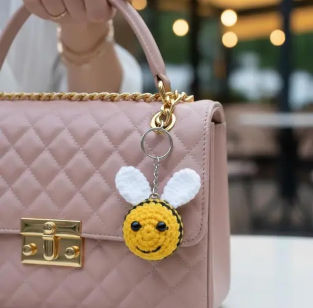 Crochet Bumble Bee Keychain, Handmade Amigurumi, Yellow and Black, Cute Animal Bag Charm