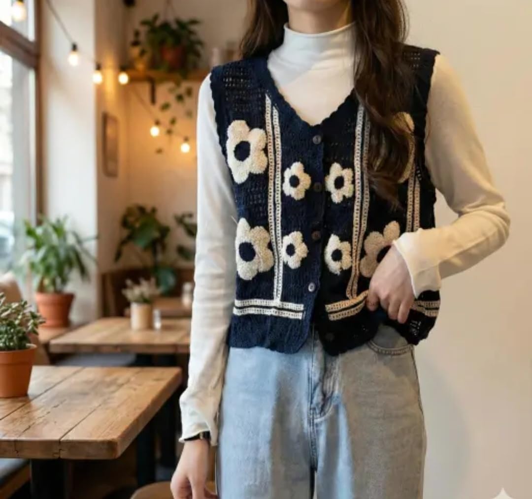 Women's Black Knit Vest, Floral Applique, Button-Front, Sleeveless Cropped Cardigan, Handmade top