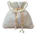 White Pearl Beaded Potlie Bag, Floral Embroidered Drawstring Clutch, Pearl Handle, Bridal Wedding Purse