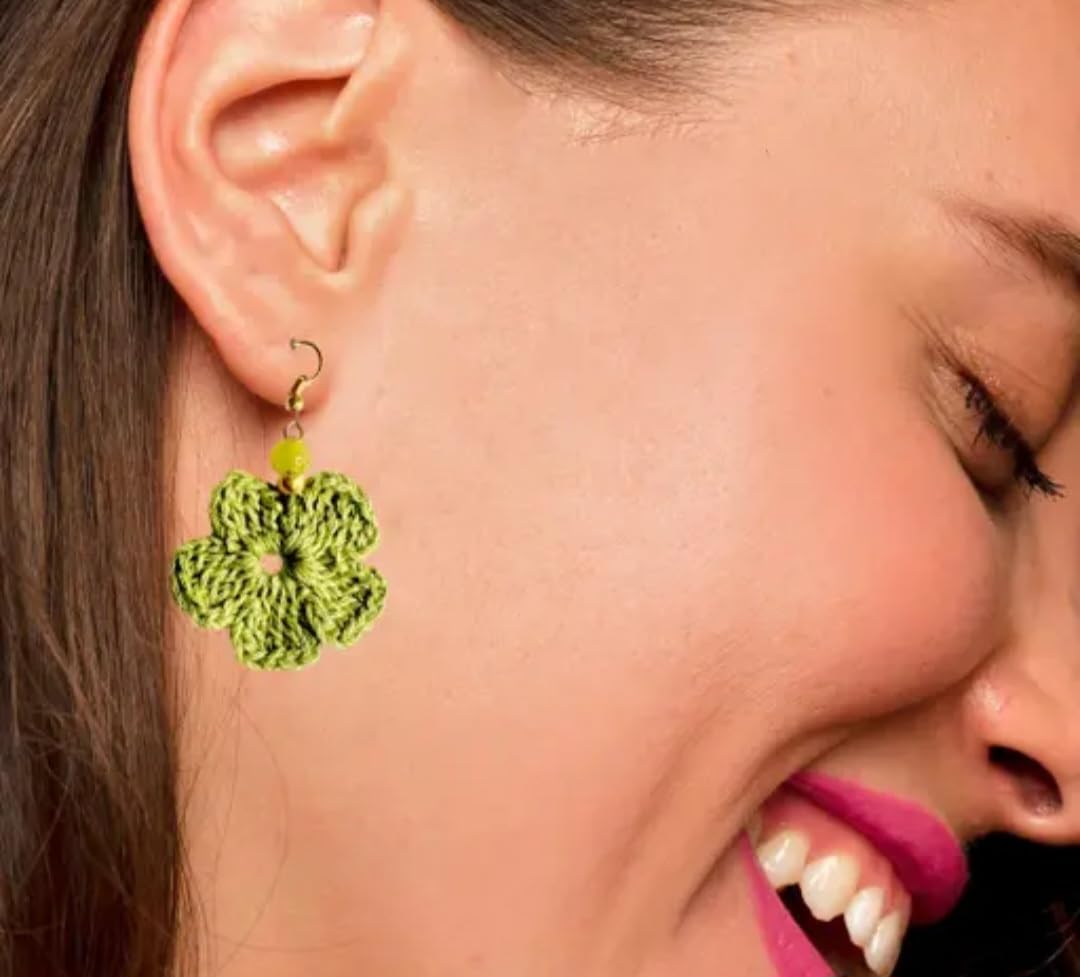 Handmade Crochet Flower Earrings, Green, Dangle Drop Style, Beaded Accent, Hook Closure