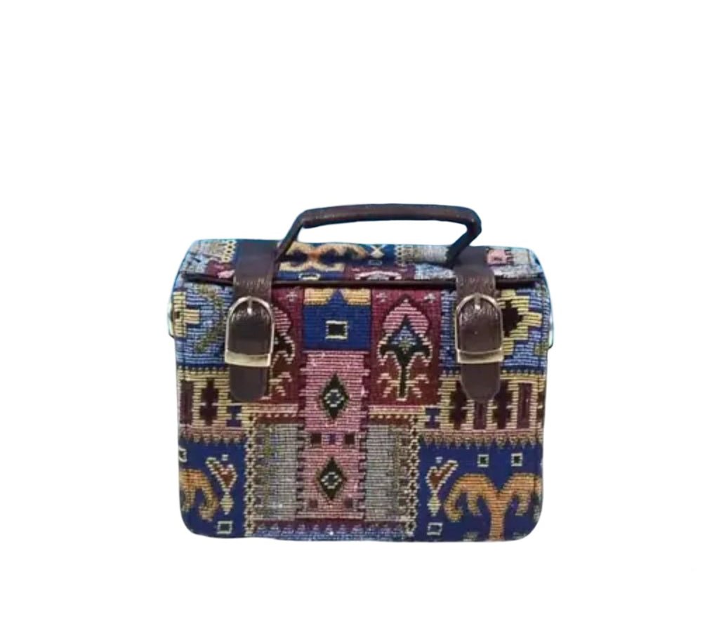 Vintage Kilim Pattern Carpet Bag, Boho Ethnic Design, Multi-Colour with Leather Hand bag