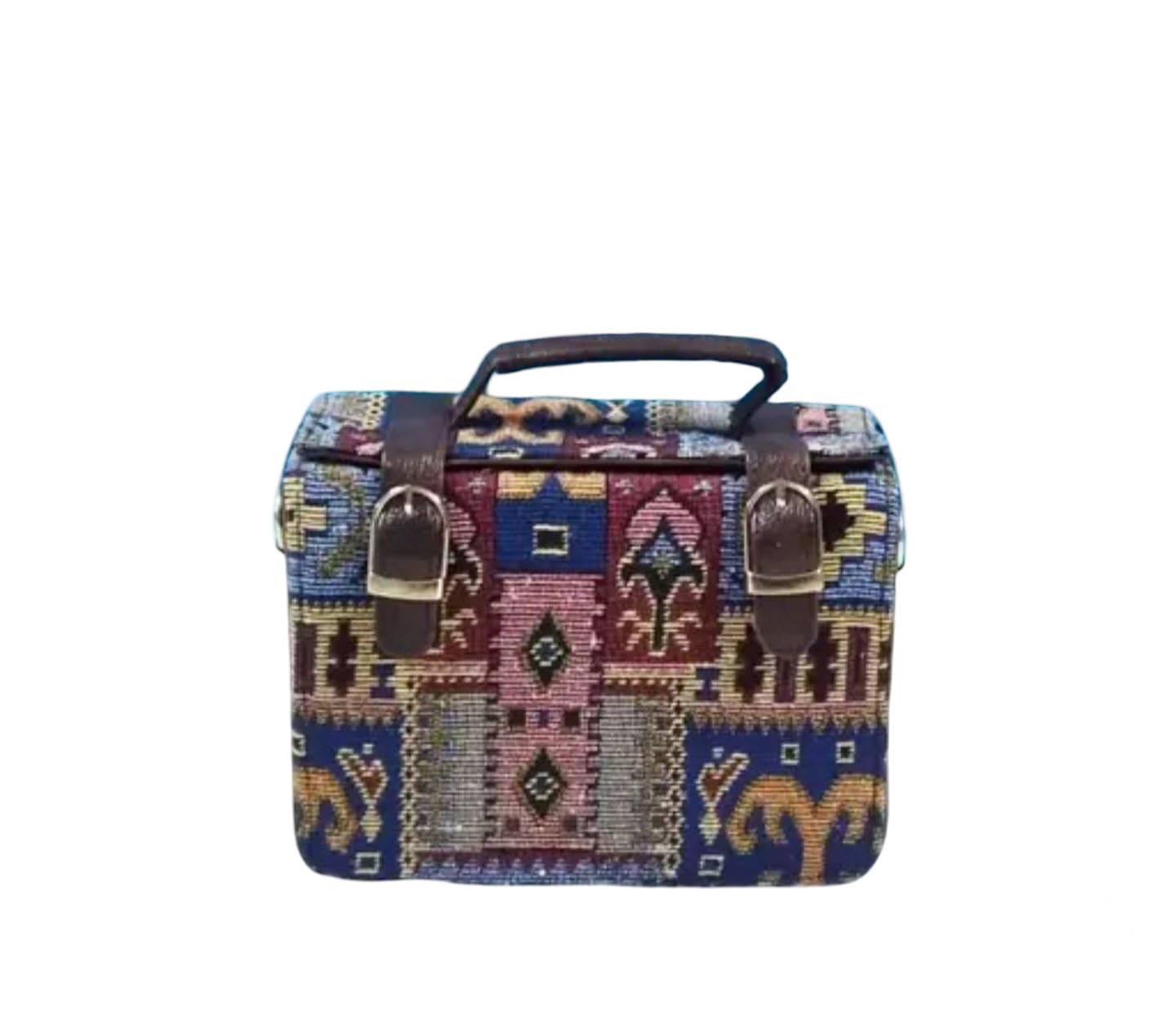 Vintage Kilim Pattern Carpet Bag, Boho Ethnic Design, Multi-Colour with Leather Hand bag