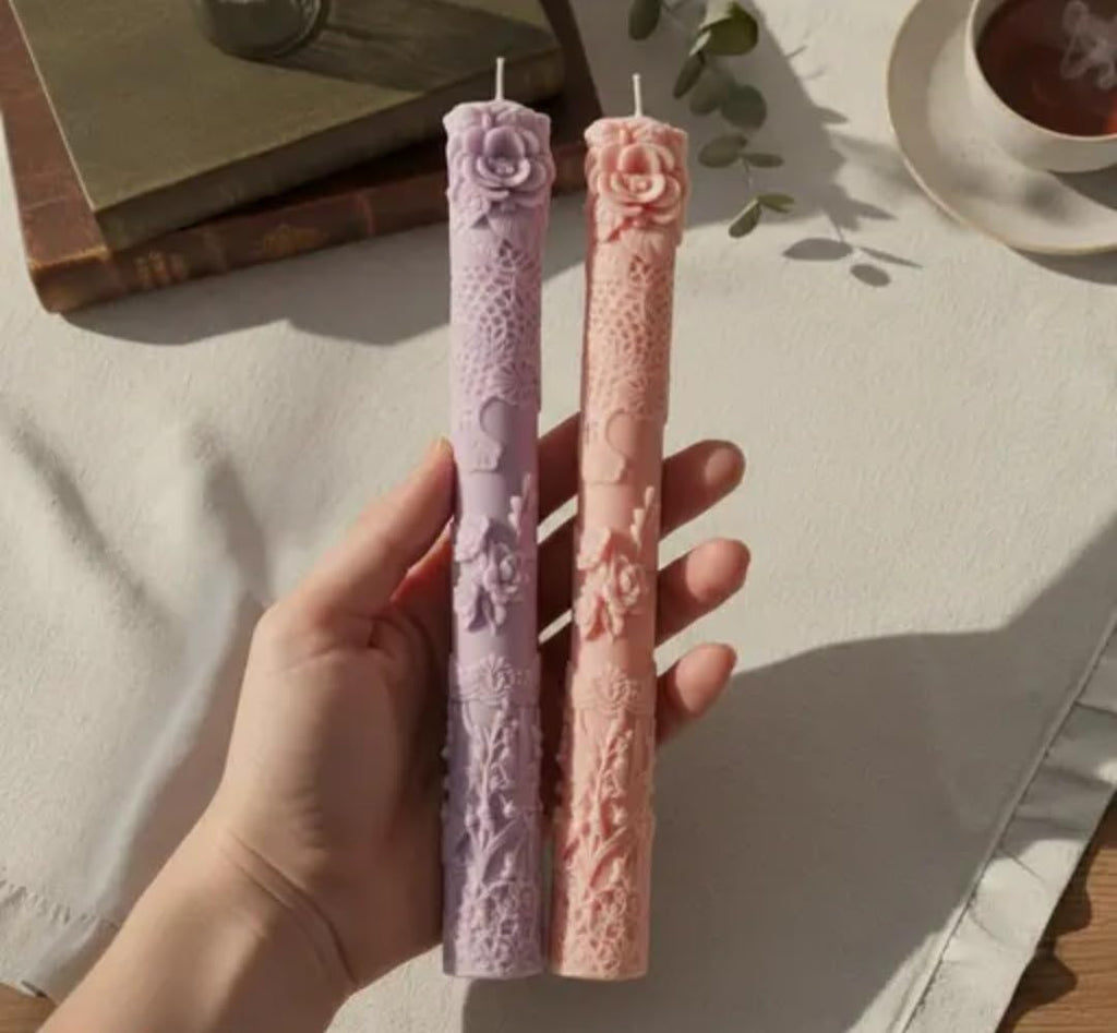 Decorative Taper Candles with Rose Design, Pink and Purple, Floral Embossed Pattern, Set of 2