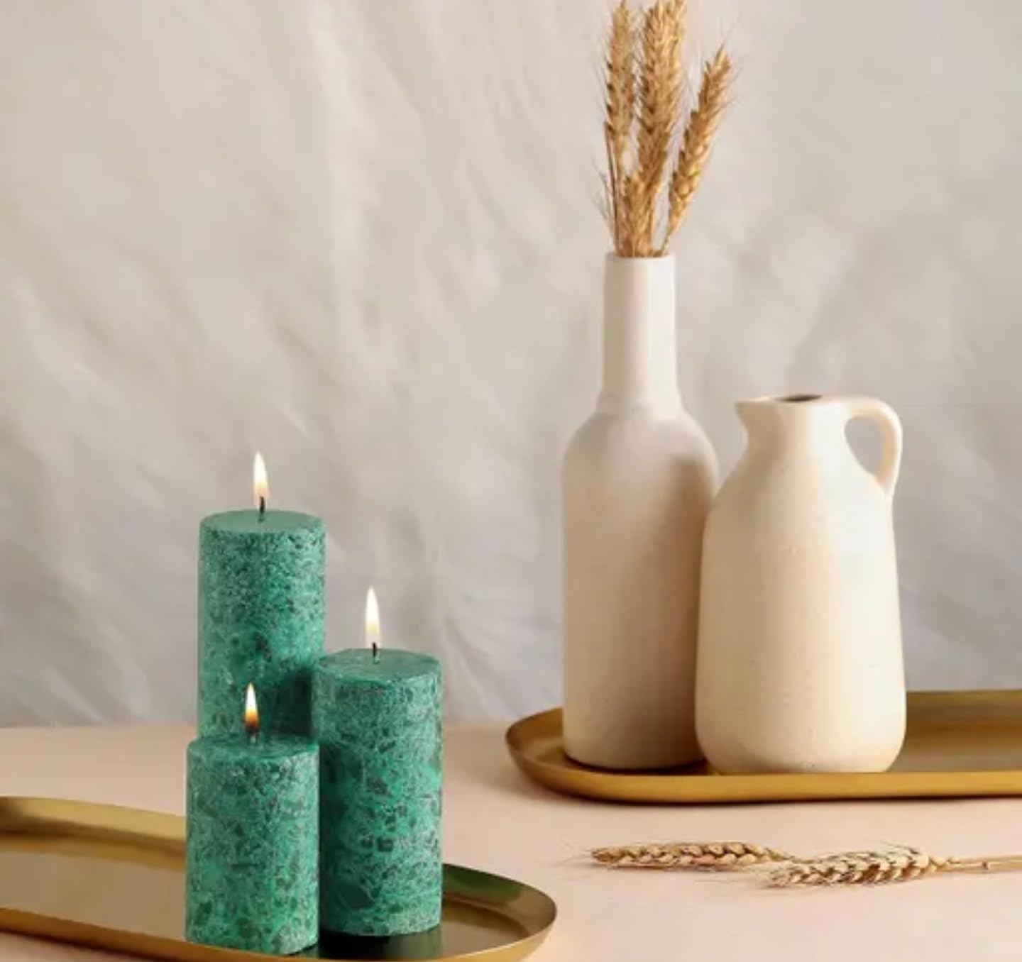 Rustic Pillar Candles, Green Marbled Texture, Set of 3, Various Heights