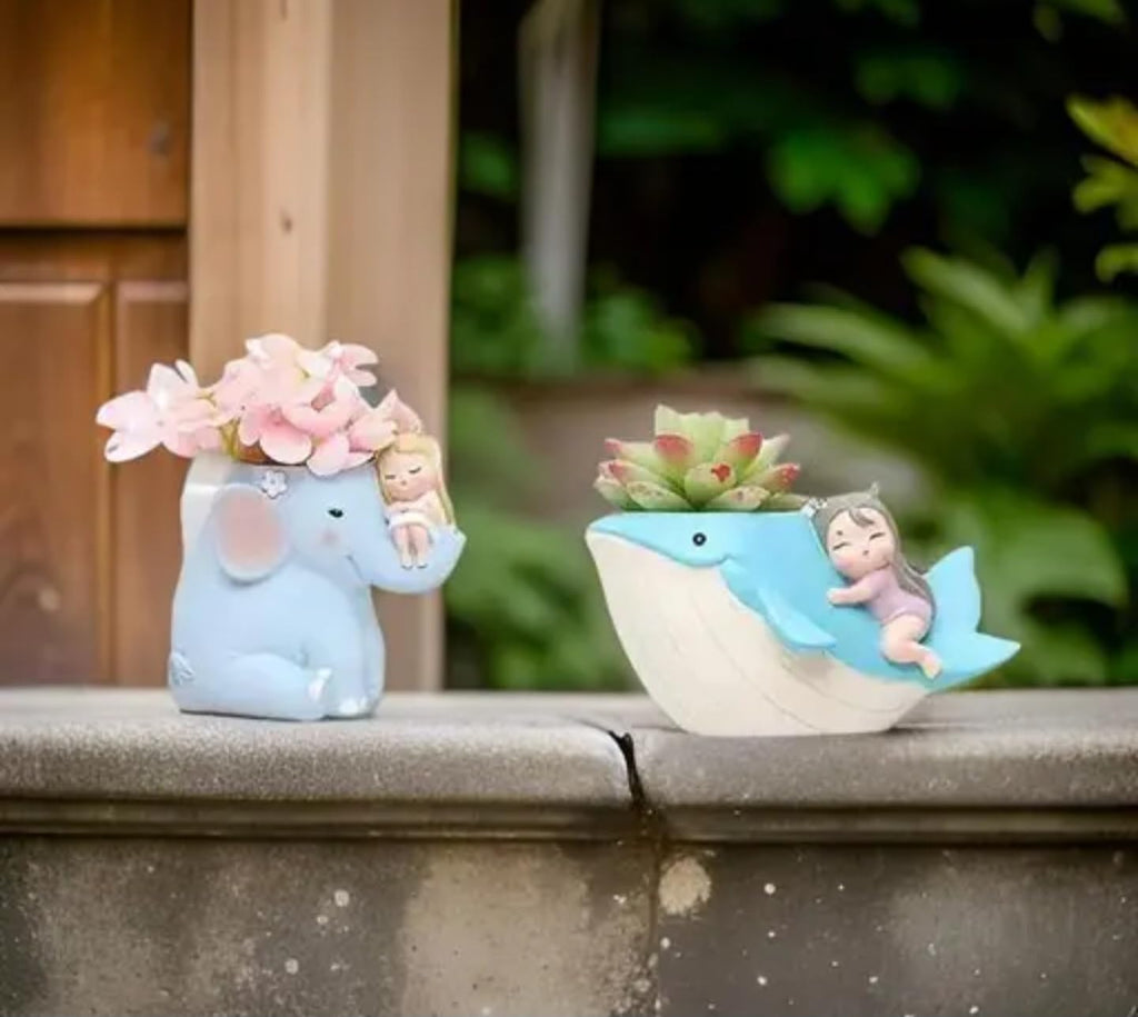 Whimsical Dolphin Succulent Planter, Blue and Pink Ceramic Decorative Plant Pot with Sleeping Figure, Garden Home Decor