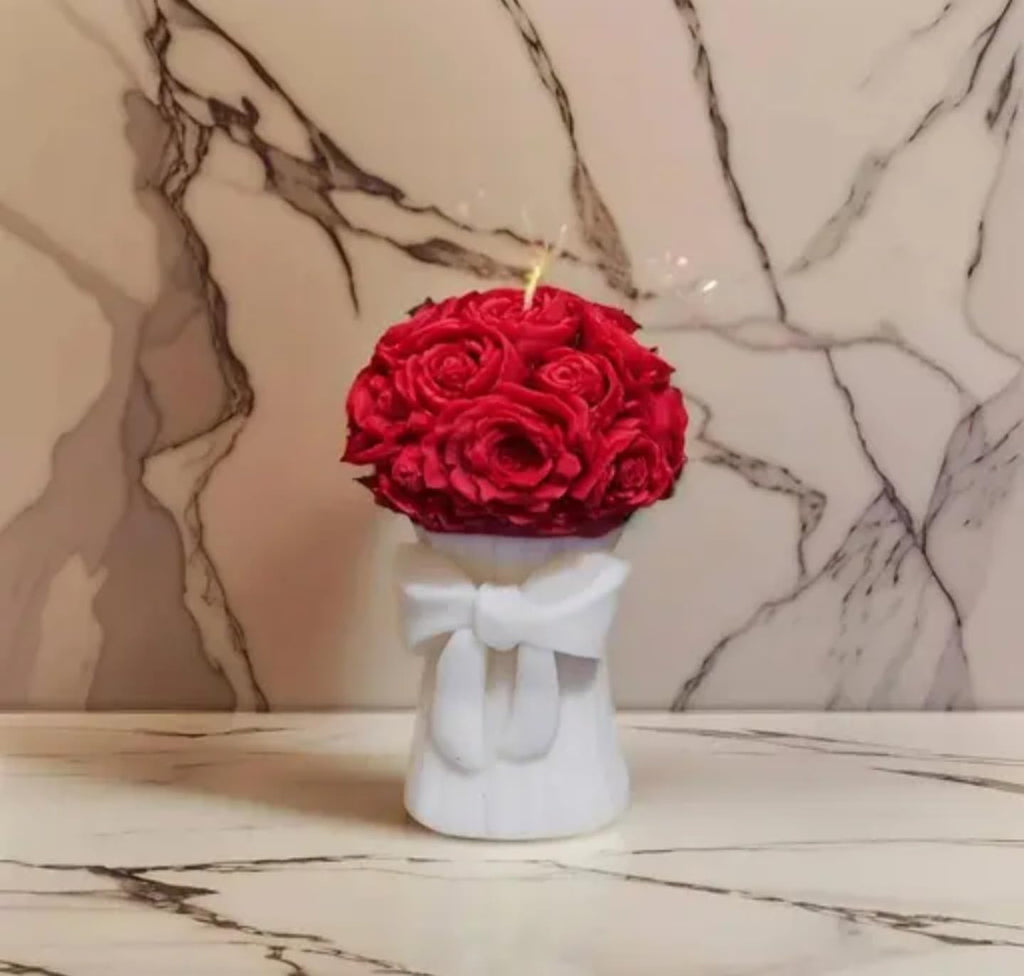 Decorative Rose Candle with White Bow Vase, Red Floral Design, Romantic Home Decor