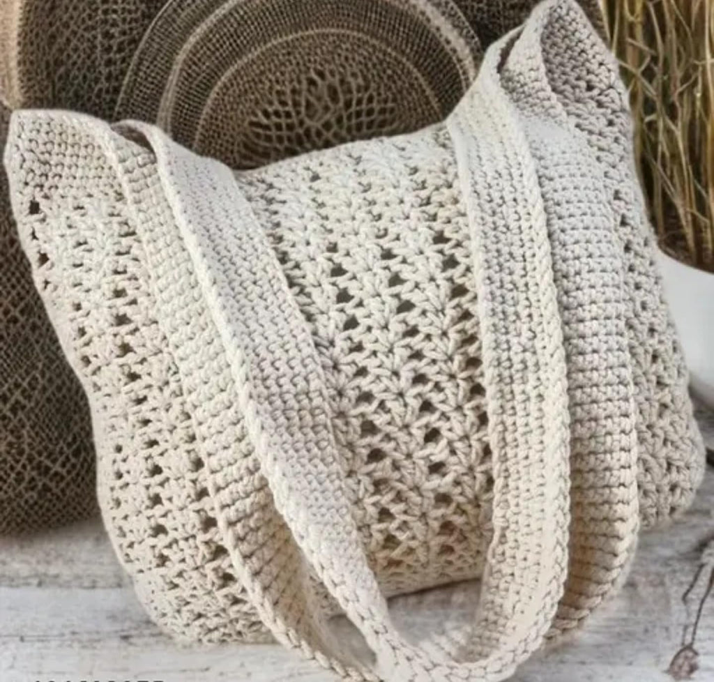 Handmade Crochet Tote Bag, Cotton Knit Pattern, Off-White