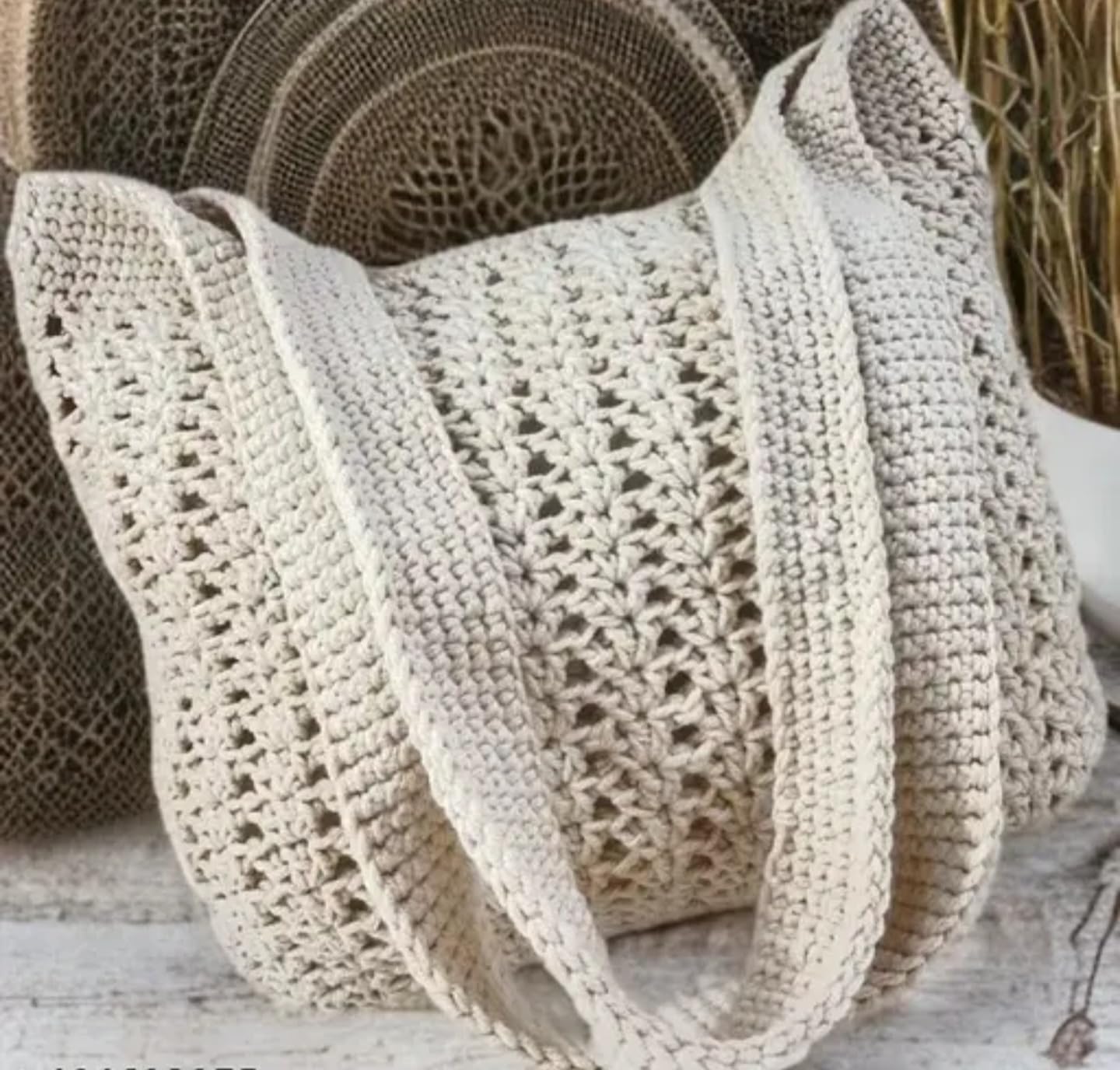 Handmade Crochet Tote Bag, Cotton Knit Pattern, Off-White