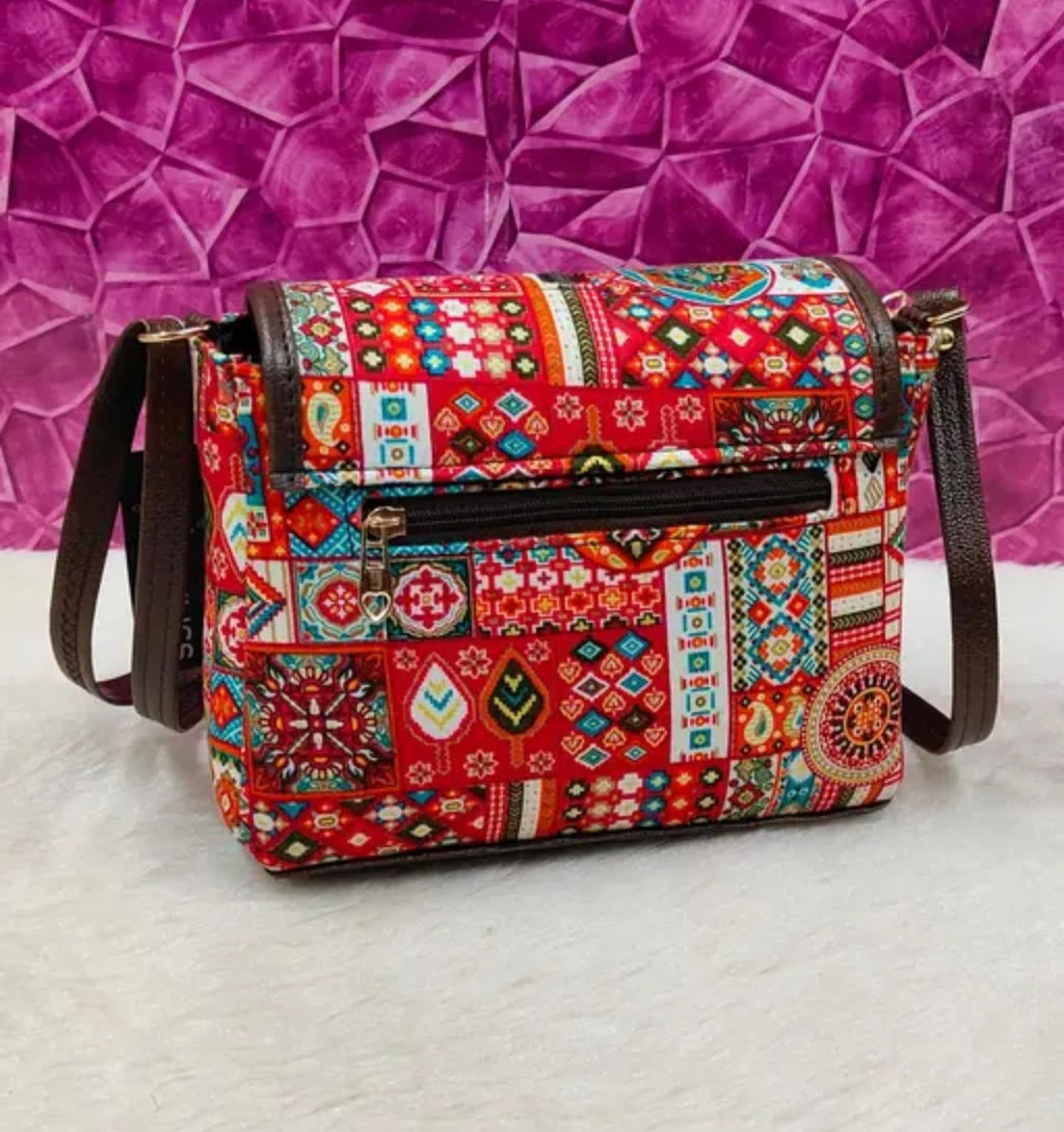 Bohemian Crossbody Bag, Geometric Pattern, Brown Leather Trim, Tassel Detail