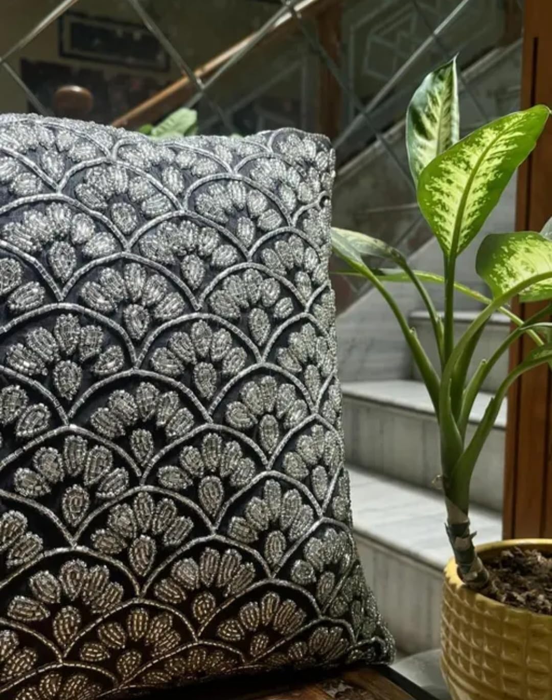 Decorative Throw Pillow Cover, Black and Silver, Beaded Embroidered Scallop Floral Pattern, Luxury Home Decor Cushion Cover, Handmade Cushion Cover