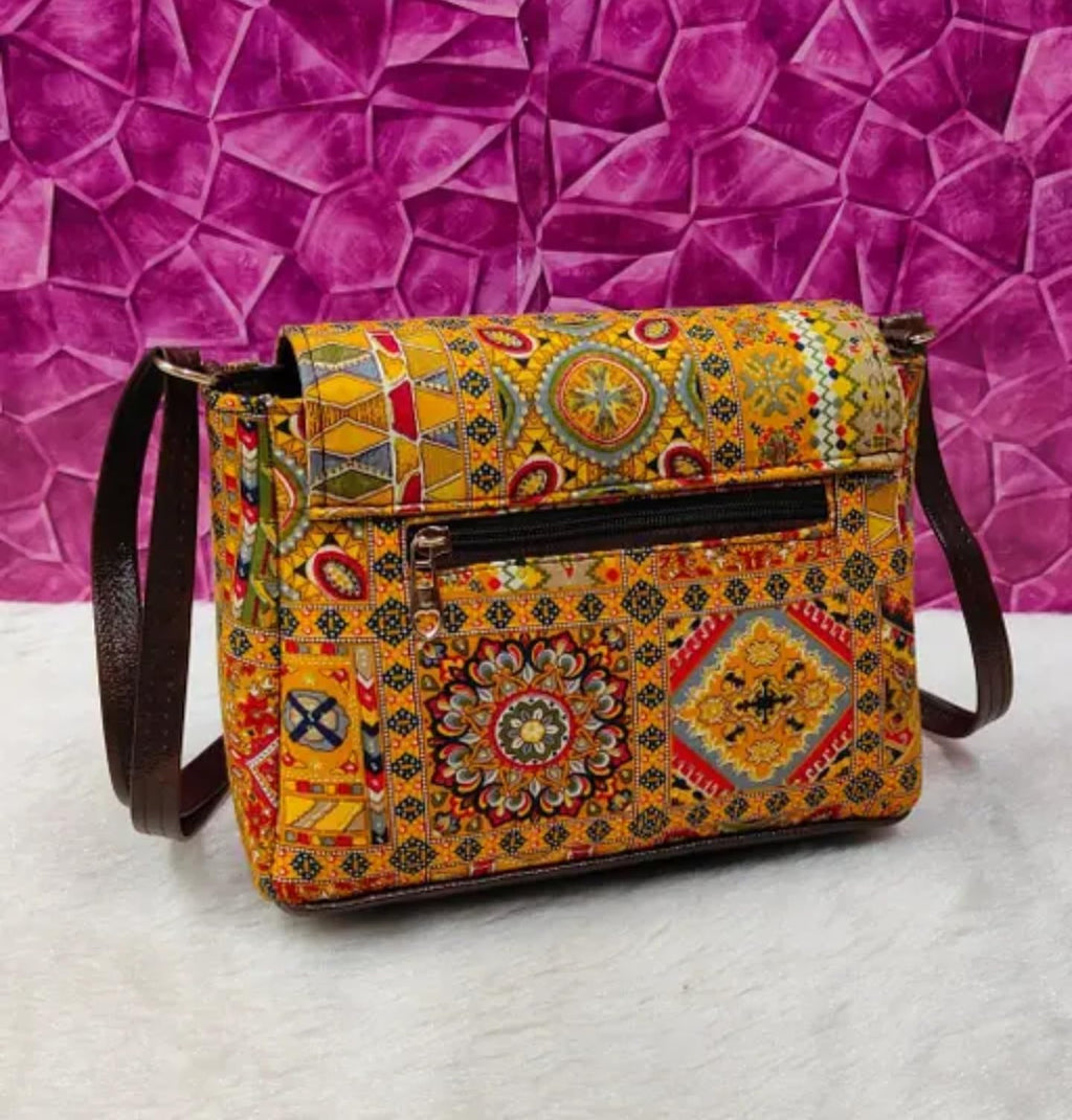 Vintage Bohemian Crossbody Bag, Geometric Pattern Print, Brown Leather Strap, Metal Clasp