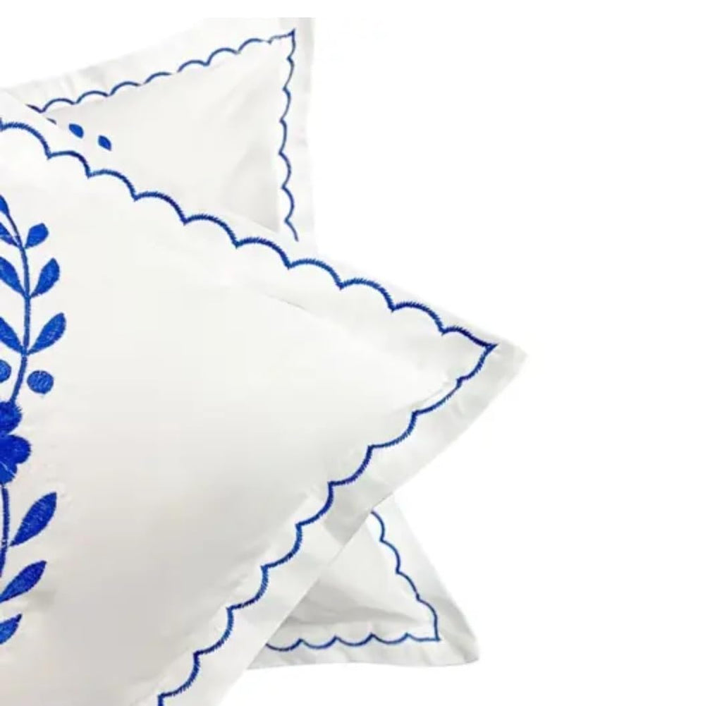White Pillow Cover Shams with Blue Floral Embroidery, Scalloped Border, Set of 2