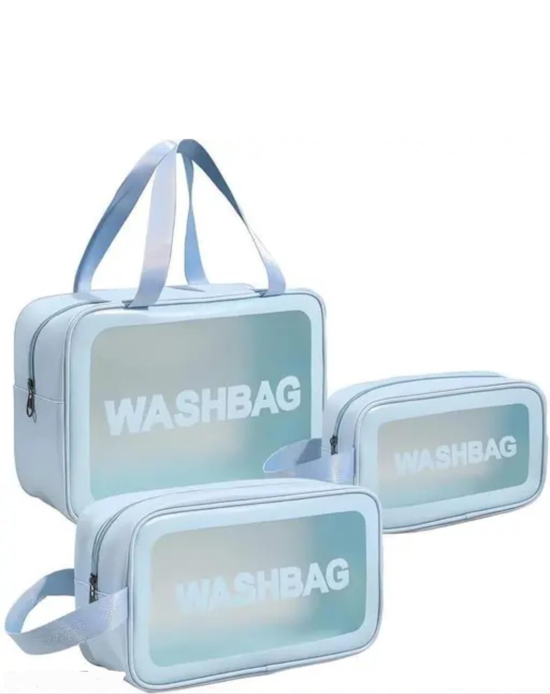 Clear Travel Toiletry Bag Set of 3, Blue, Transparent Window Wash Bags with Zipper and Handle