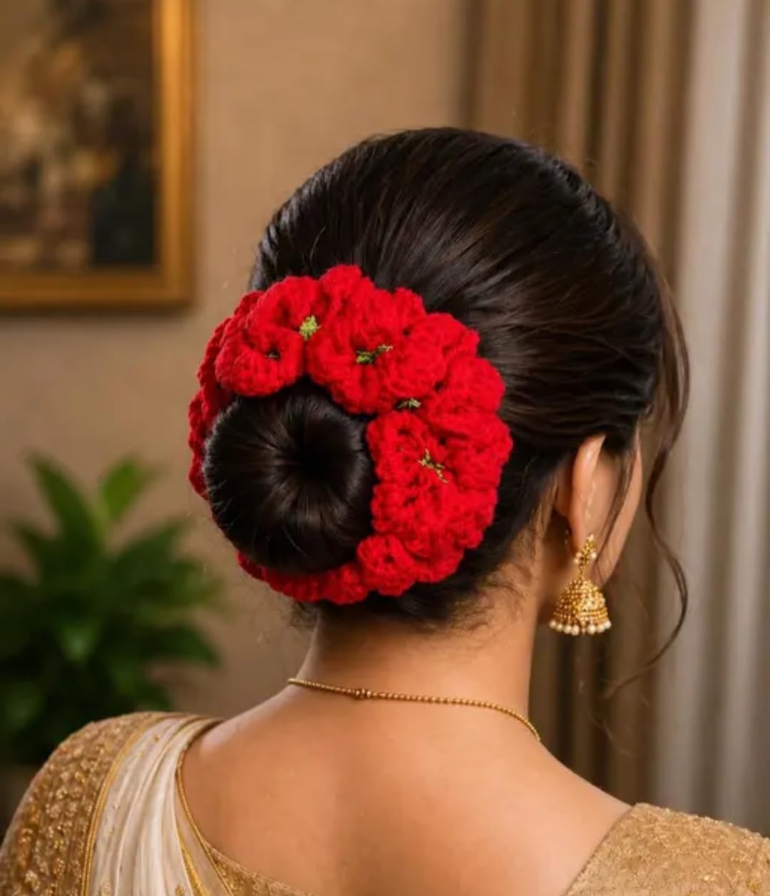 Crochet Flower Hair Bun Accessory, Red, Wool Yarn Floral Juda Pin for Bridal Wedding