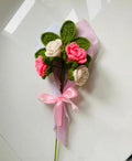 Handmade Crochet Rose Bouquet with Pink and White Flowers, Green Leaves, Pink Ribbon, Decorative Floral Arrangement