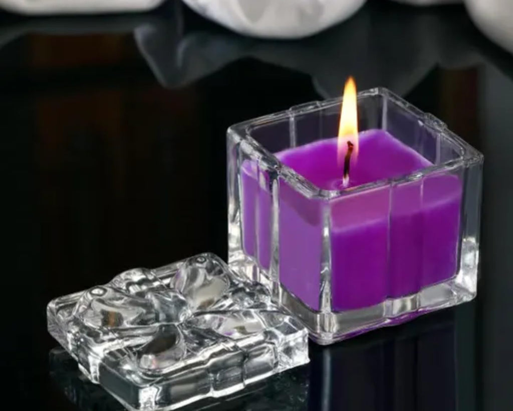 Crystal Glass Scented Candle, Purple, Square Holder with Textured Base, Decorative Accent for Home