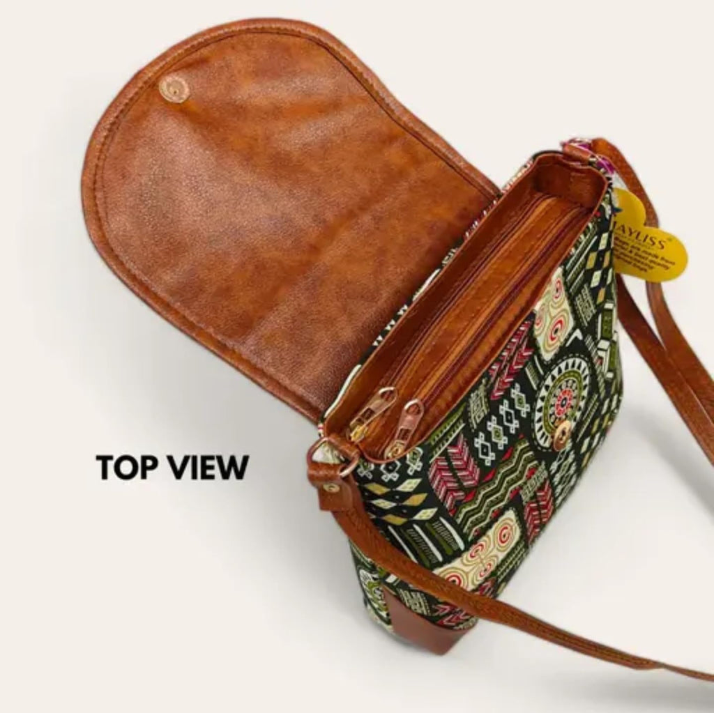 Bohemian Crossbody Bag, Tribal Print Canvas with Brown Leather Trim, Green Multi-Pattern with Tassel