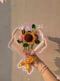 Handmade Crochet Flower Bouquet with Sunflower, Bee, and Mixed Blooms, Yellow Ribbon Wrap