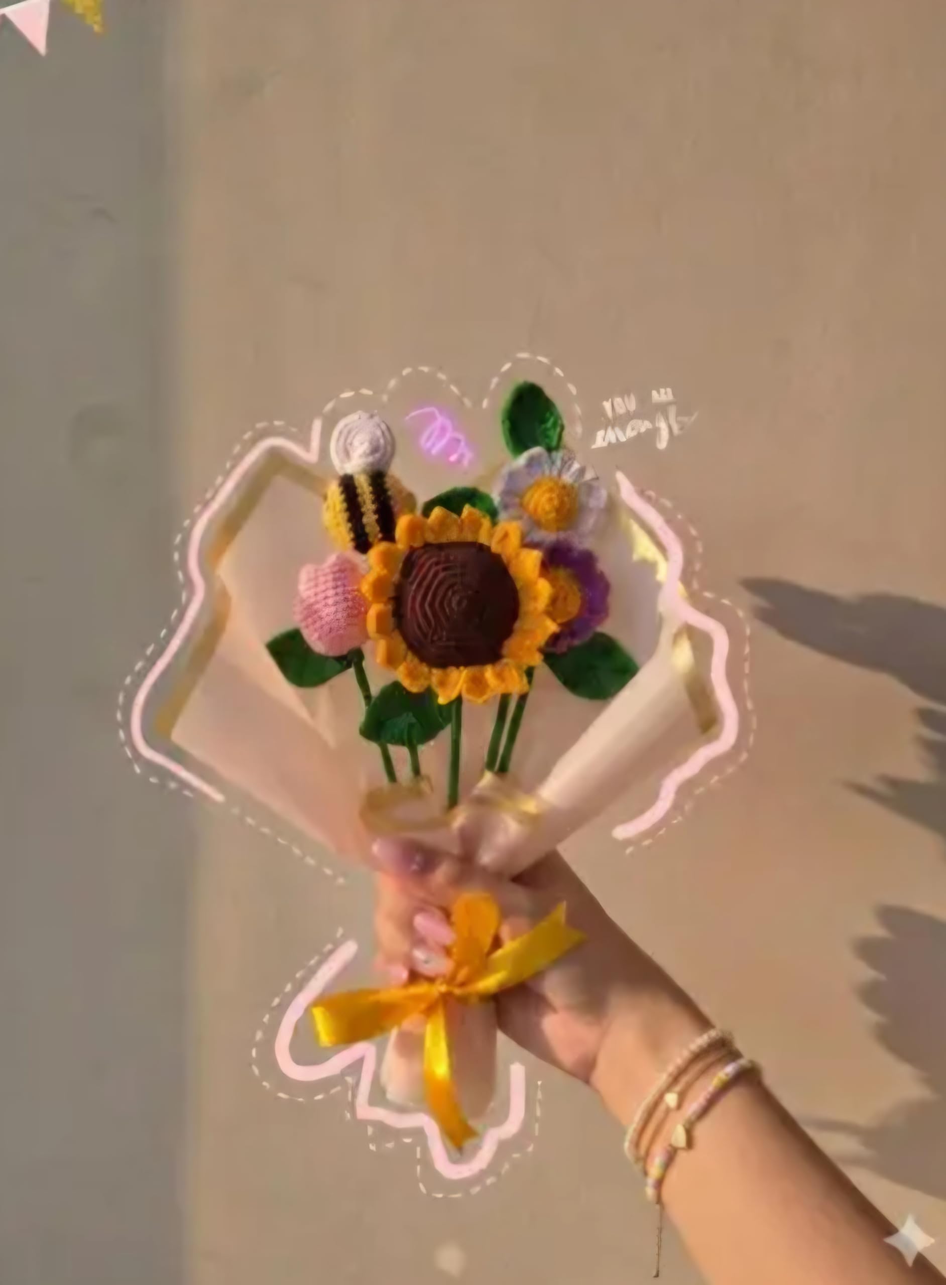 Handmade Crochet Flower Bouquet with Sunflower, Bee, and Mixed Blooms, Yellow Ribbon Wrap