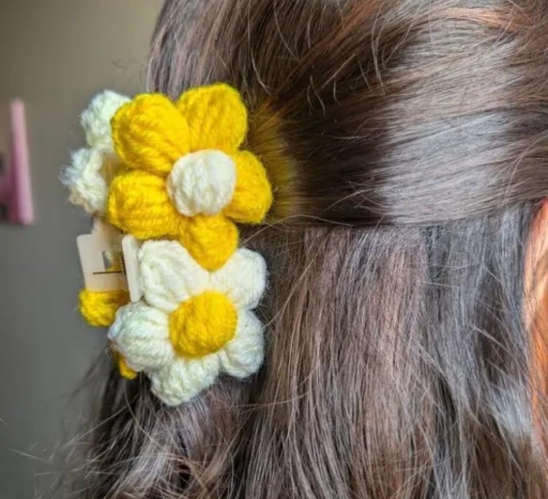 Crochet Flower Hair Clips, Yellow and White Daisy Design, Handmade Knit Floral Barrettes, set of 2, random colour