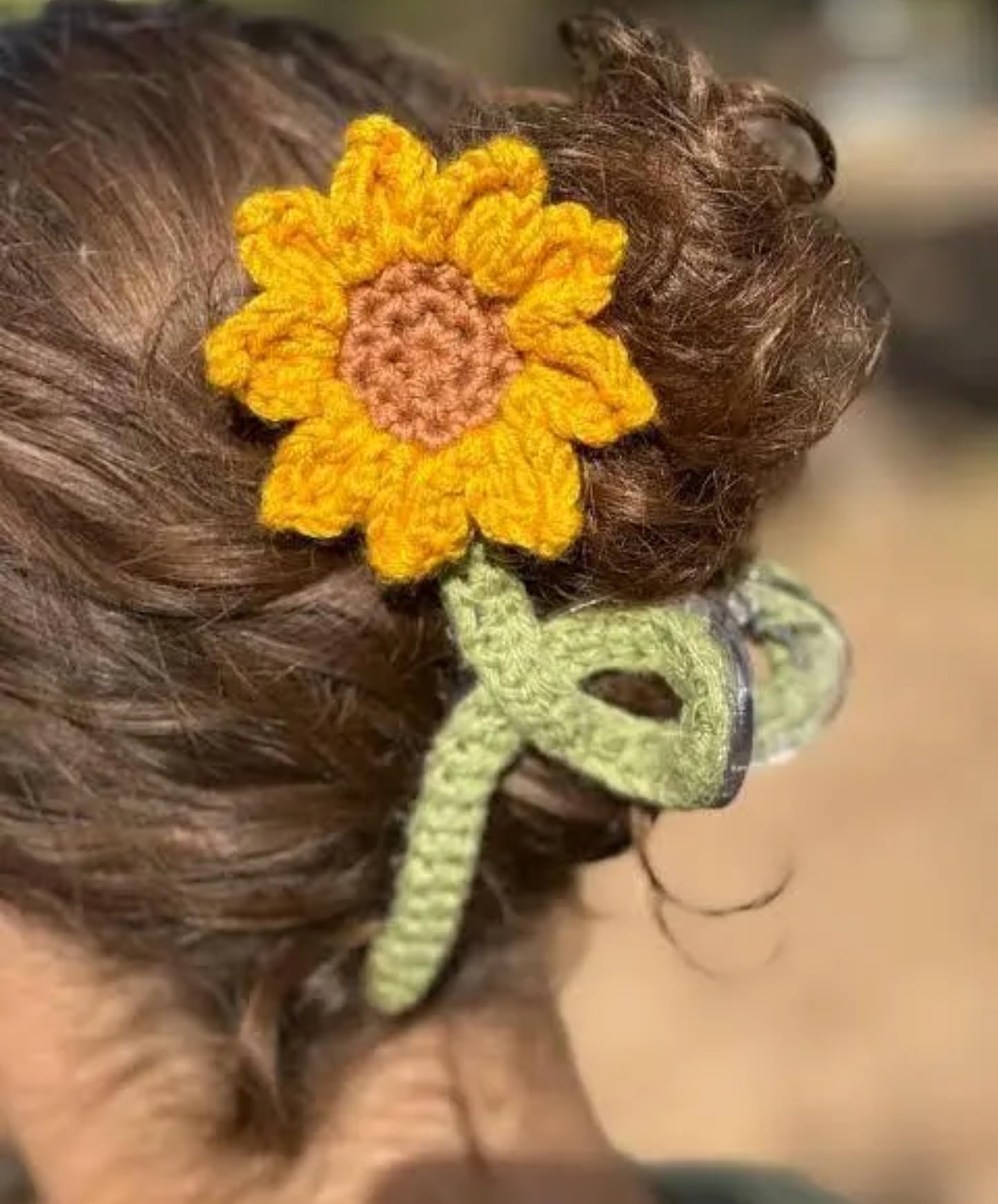 Handmade Crochet Sunflower Hair Clip, Yellow and Brown with Green Stem, Floral Hair Accessory for Women