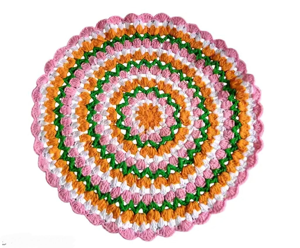 Handmade Crochet Pooja Thalposh, Floral Pattern with Tassels, Granny Style