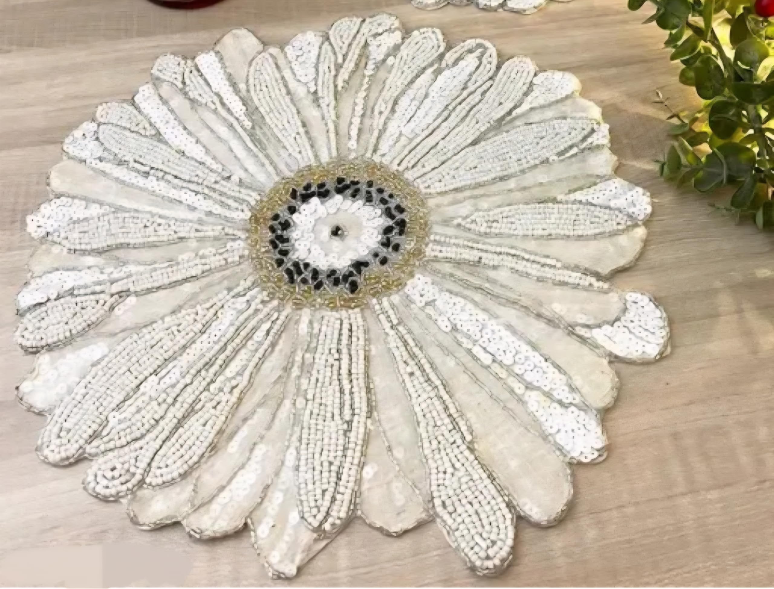 Beaded Daisy Placemat, White, Sequin Embellished Floral Table Mat, Handcrafted Decorative Charger Plate