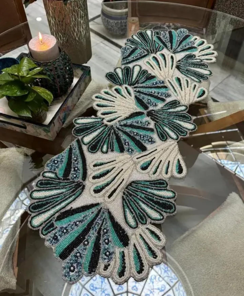 Beaded Handcrafted Table Runner, Teal Green and Cream, Decorative Home Accent, Floral Design