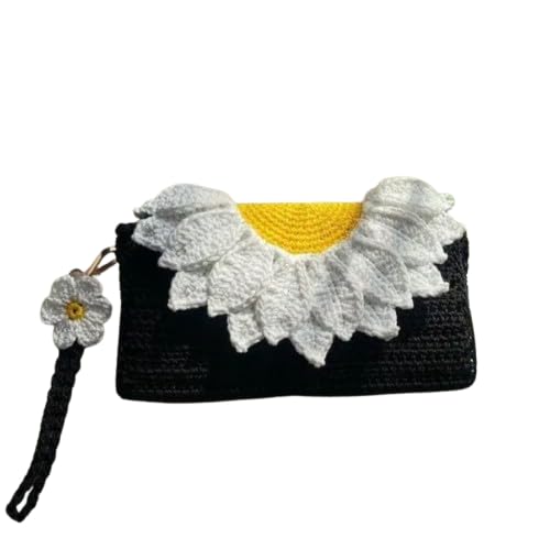 Handmade Crochet Daisy Flower Clutch Purse, Black with White Petals and Yellow Center, Wristlet Bag