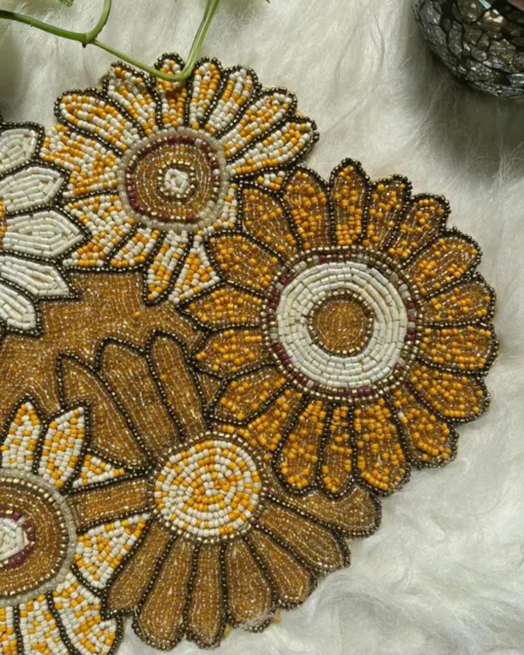 Handcrafted Beaded Sunflower Placemat, Golden Yellow and White, Glass Bead Floral Design, Decorative Table Centerpiece