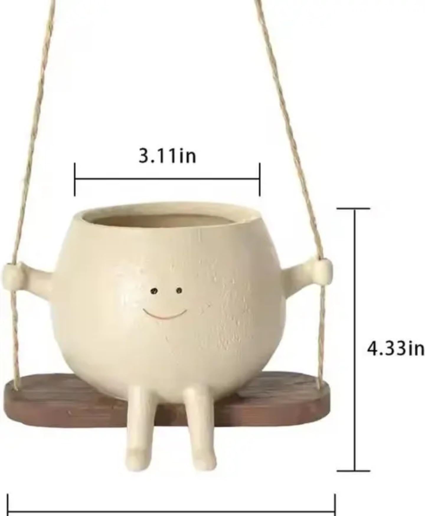 Hanging Succulent Planter, White Ceramic Pot with Smiling Face Design, Decorative Plant Holder with Wooden Swing, Indoor Garden Home Decor