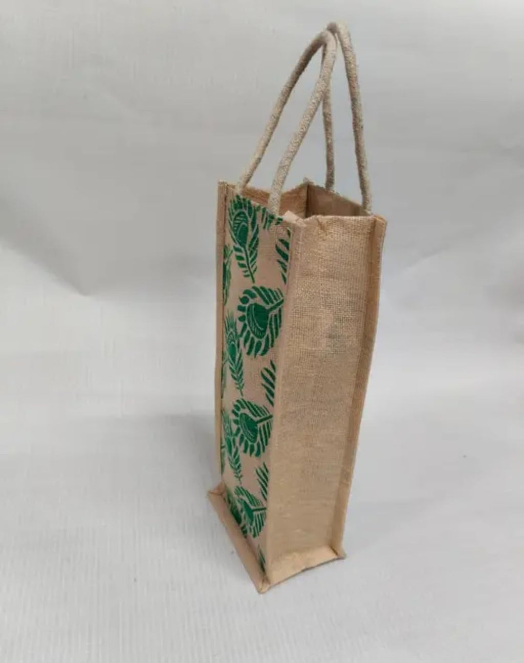 Jute Tote bottle Bag with Green Leaf Print, Natural Beige, Reusable Carry Bag with Rope Handles