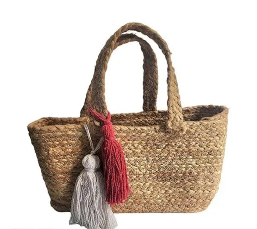 Natural Jute Woven Beach Tote Bag with Decorative Red and White Tassels, Handmade