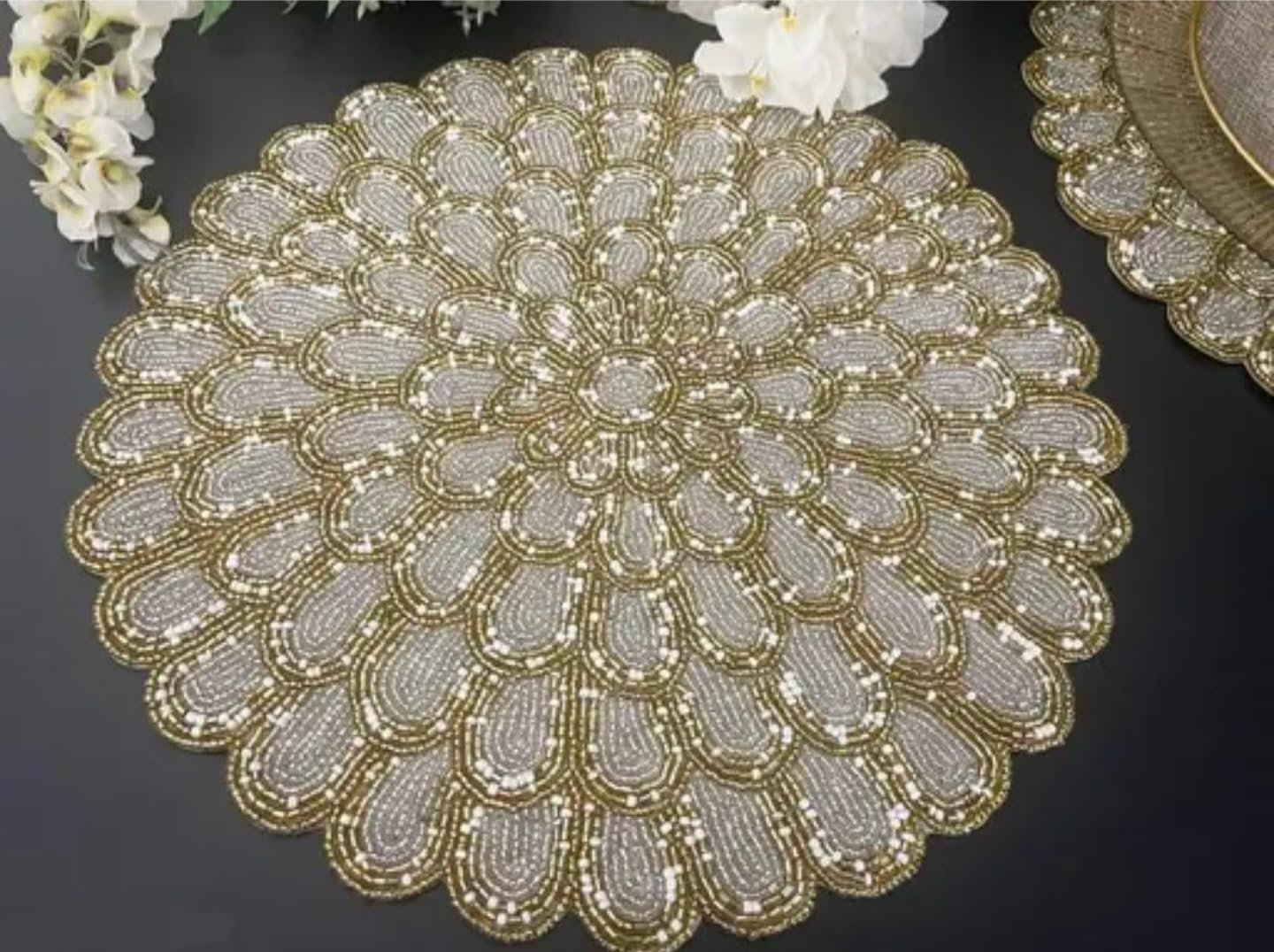 Gold Beaded Handmade Placemat, Round, Scalloped Edge, Glass Beads, Elegant Table Decor