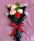 Handmade Crochet Flower Bouquet, Mixed Colors, Knitted Roses with Black Wrap and Red Ribbon, Gift