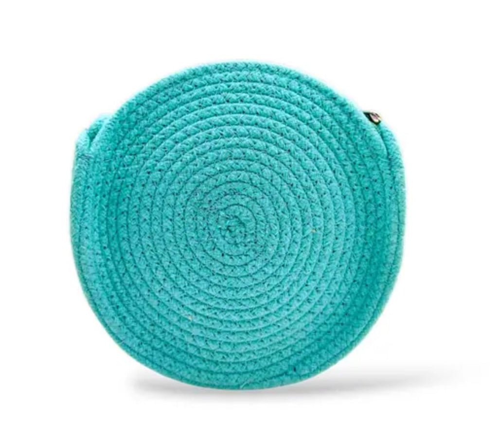 Round Woven Crossbody Bag, Turquoise with Green Wave Pattern, Braided Strap, eco-friendly handcrafted Handbag