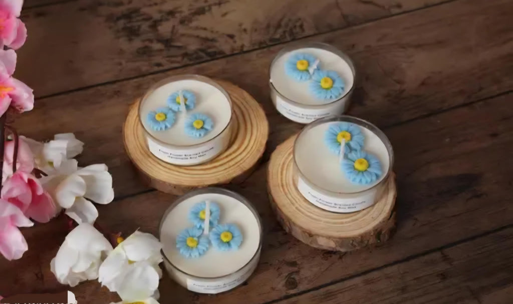 Daisy Flower Botanical Candle, Blue and White, Handmade Floral Design, Set of 4