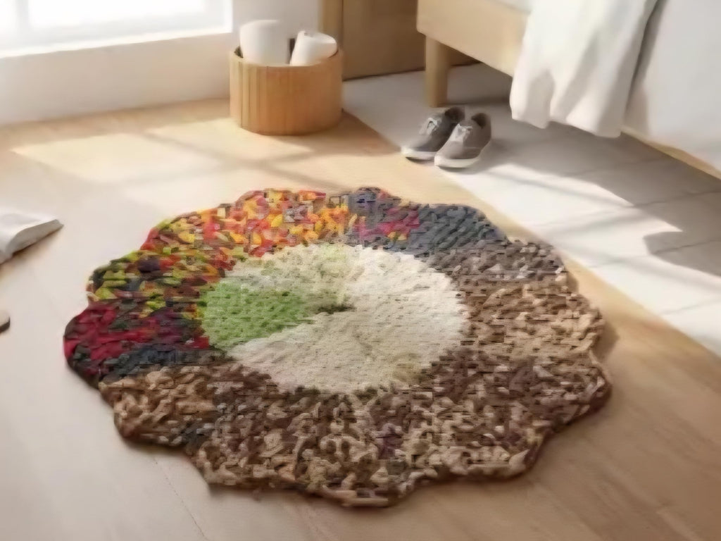 Handwoven Round Bath Mat Set, Multicolor, Boho Style, Crochet Flower Shape, Bathroom Rug
