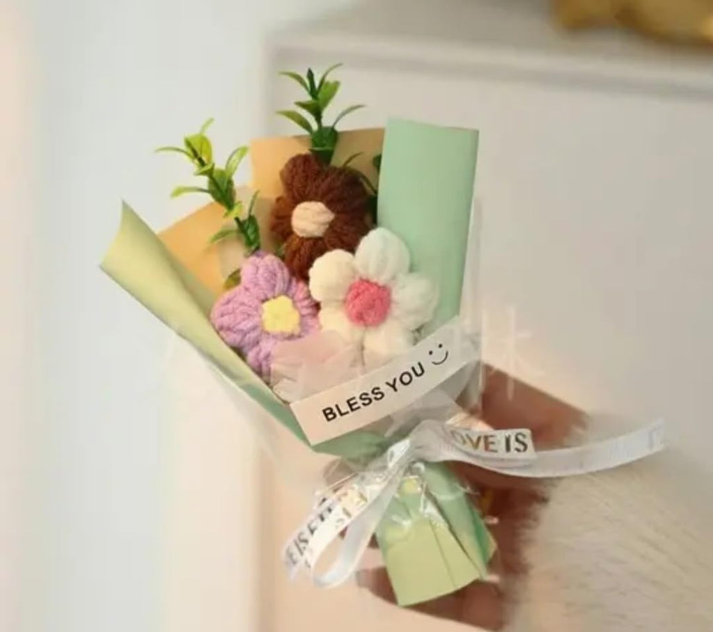 Crochet Flower Bouquet with Bless You Card, Handmade Floral Arrangement, Pastel Colors, Gift Set