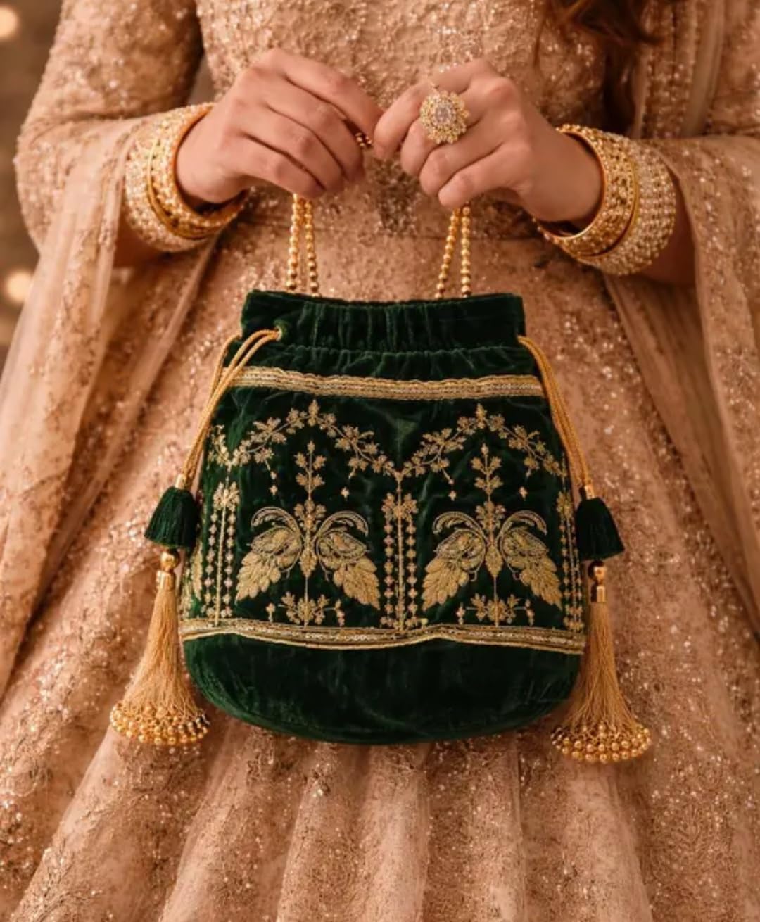 Velvet Potlie Bag, Emerald Green, Gold Zari Embroidery, Drawstring Clutch with Tassels, Bridal Wedding Purse
