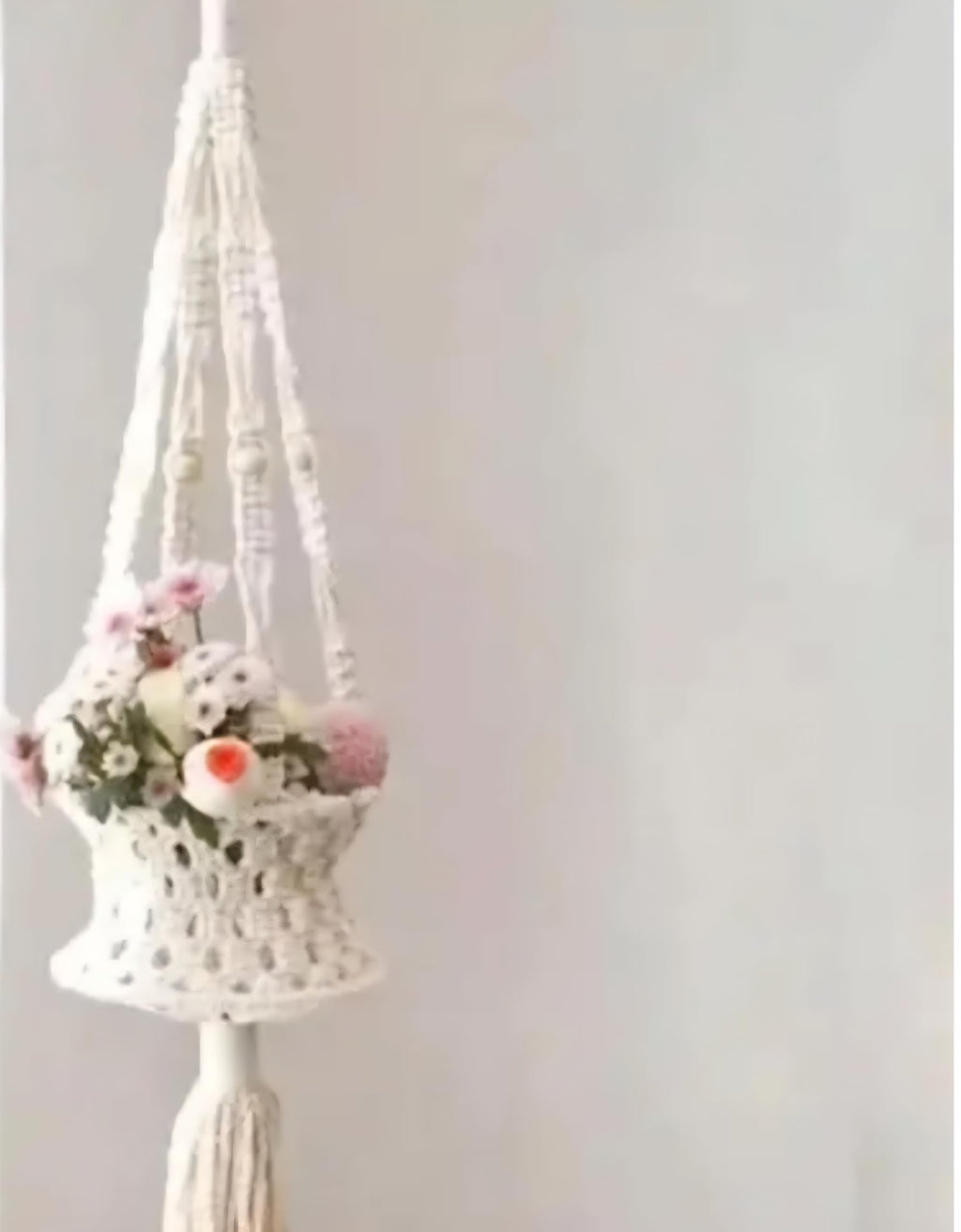 Macrame Plant Hanger with Decorative Basket, White Cotton Rope, Floral Design