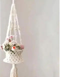 Macrame Plant Hanger with Decorative Basket, White Cotton Rope, Floral Design