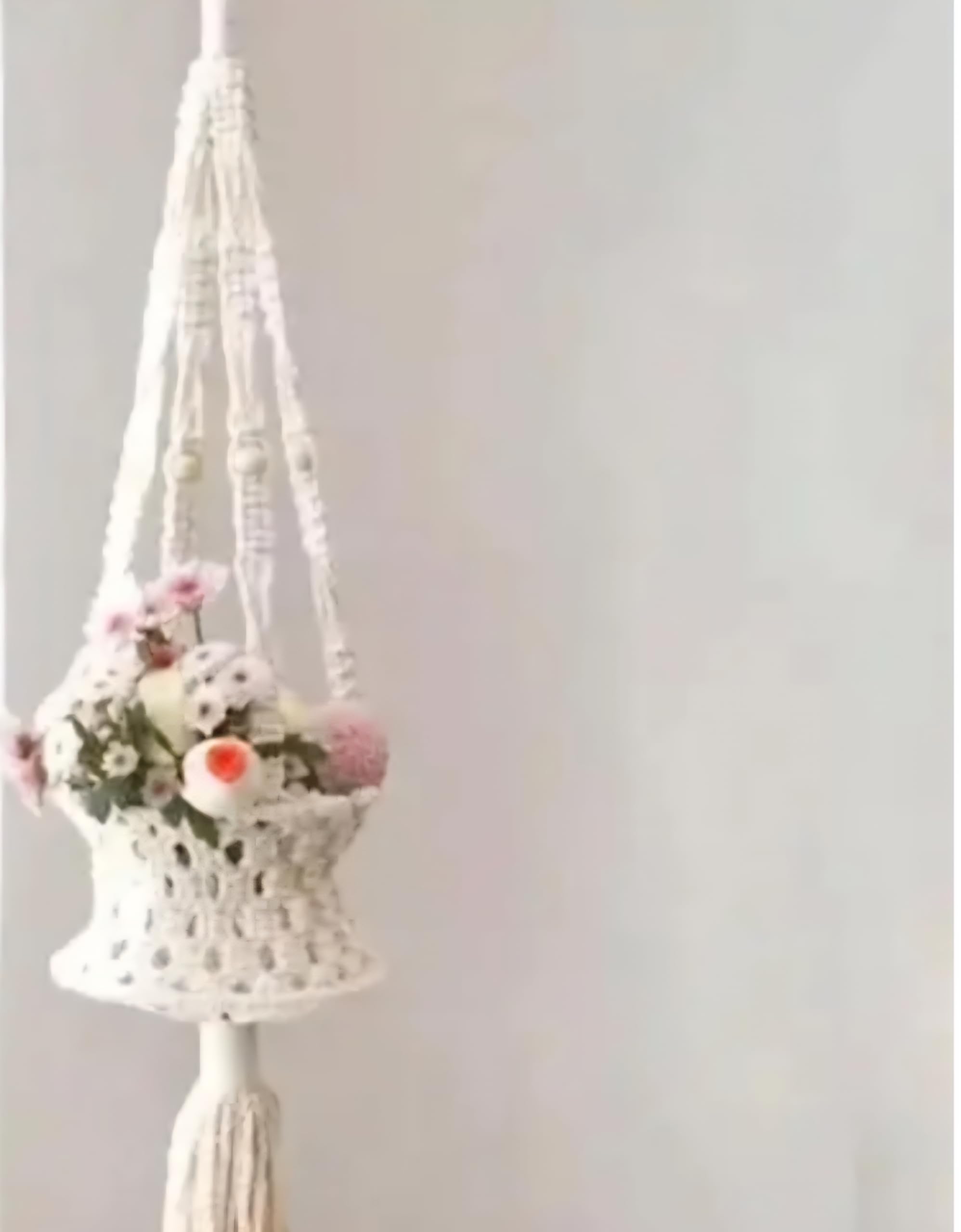 Macrame Plant Hanger with Decorative Basket, White Cotton Rope, Floral Design