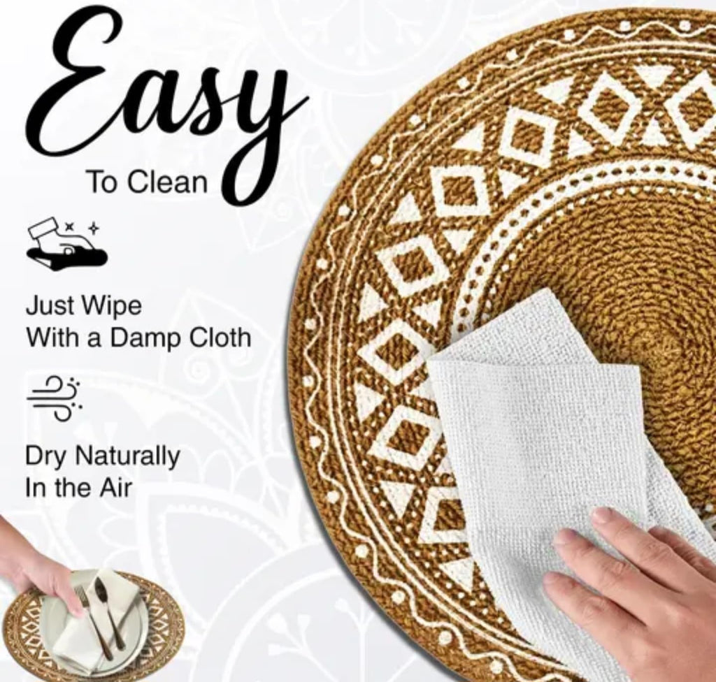 Round Jute Placemats with Geometric Pattern, Natural Brown and White, Woven Tribal Design, Boho Style Table Mats