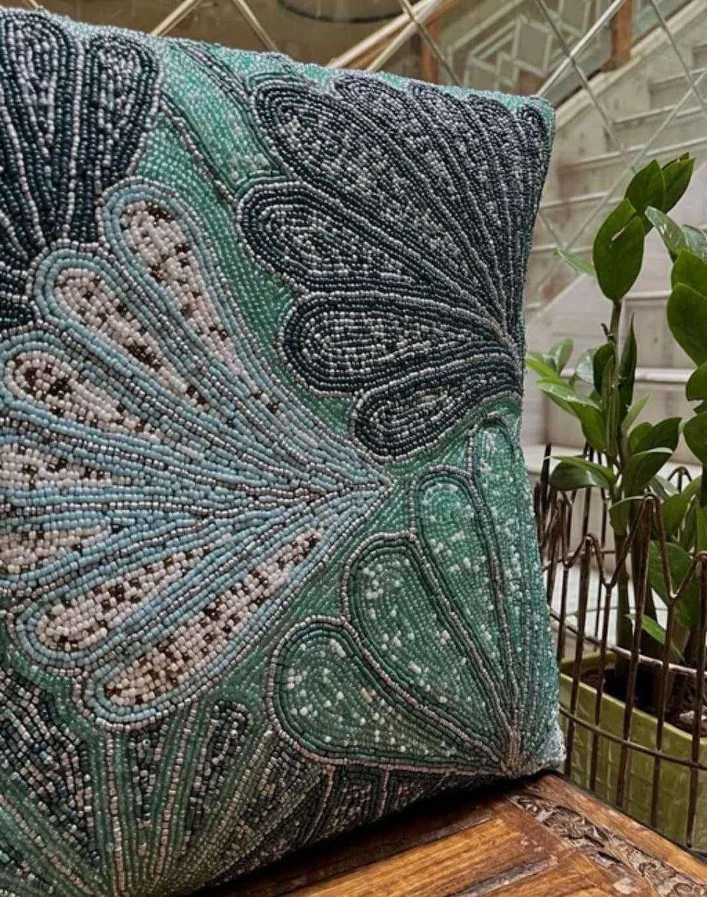 Beaded Peacock Decorative Throw Pillow Cover, Turquoise and Grey, Handcrafted Design